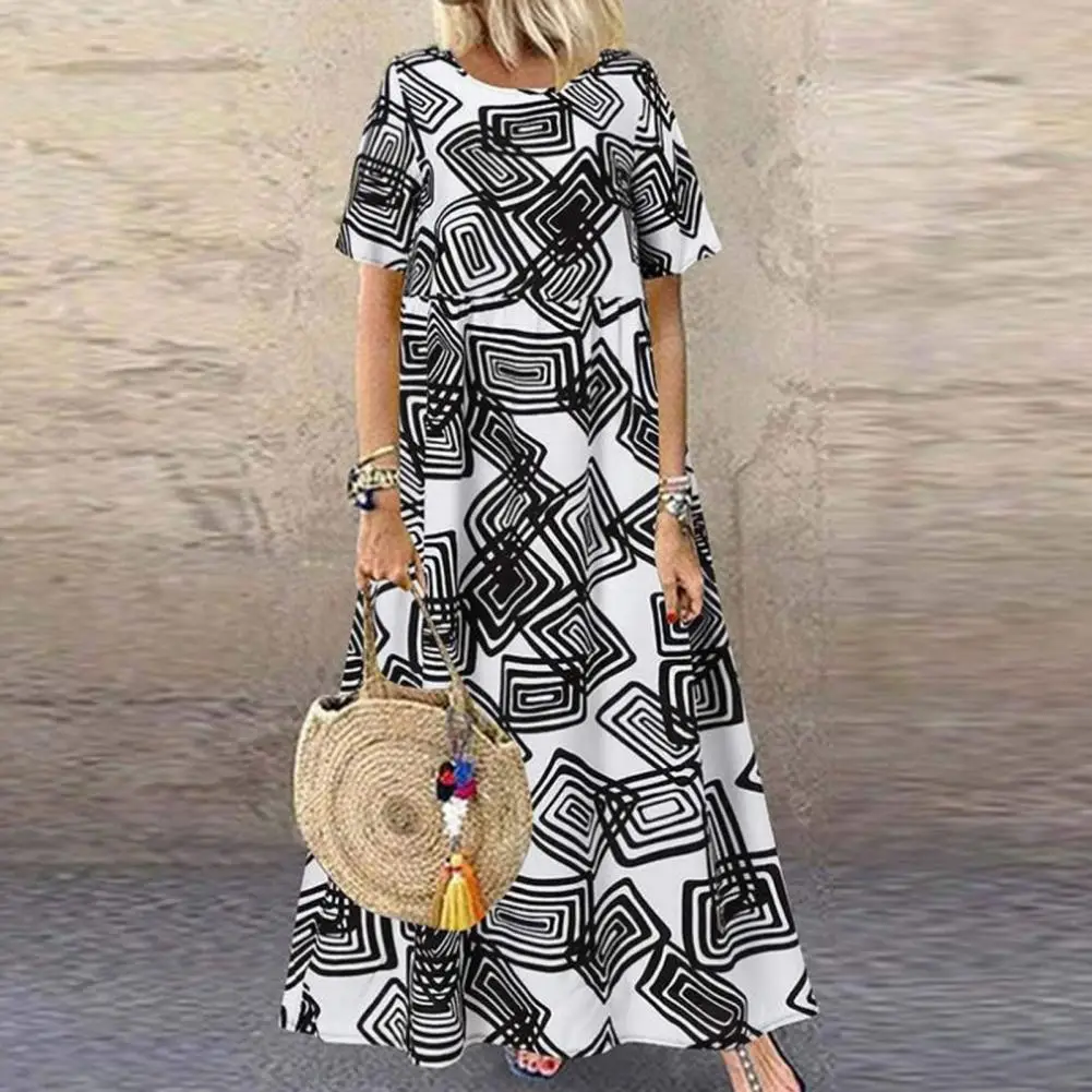 

O-Neck Short Sleeve Maxi Dress High-Waist Ankle Length 3D Cutting Bohemia Style Retro Print Holiday Dress Daily Clothing