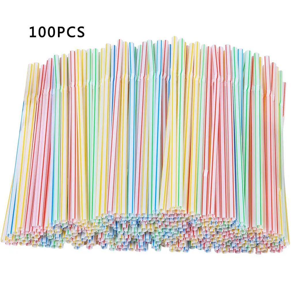 

100 шт. одноразовые пластиковые соломинки, многоцветные полосатые гибкие аксессуары для вечевечерние, Похожие товары, случайный цвет