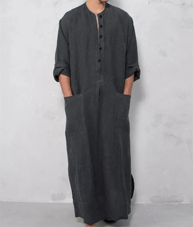 

Men's Muslim Clothes Full Sleeve Stand Collar Long Robe Jubba Thobe Kaftan Abayas Islamic Clothing Pockets Button Arabic Dress