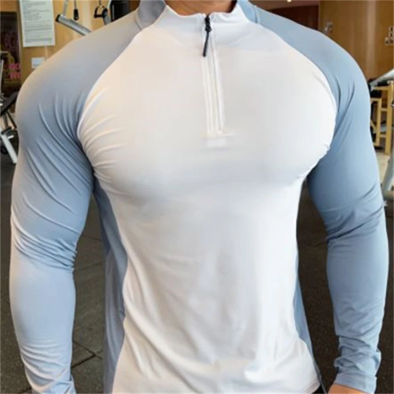 Men's Patchwork Fitness Sweatshirts With Zipper Elastic Shrink Quick Dry Thin Long Sleeve Sports Tops Autumn Casual Sportwear