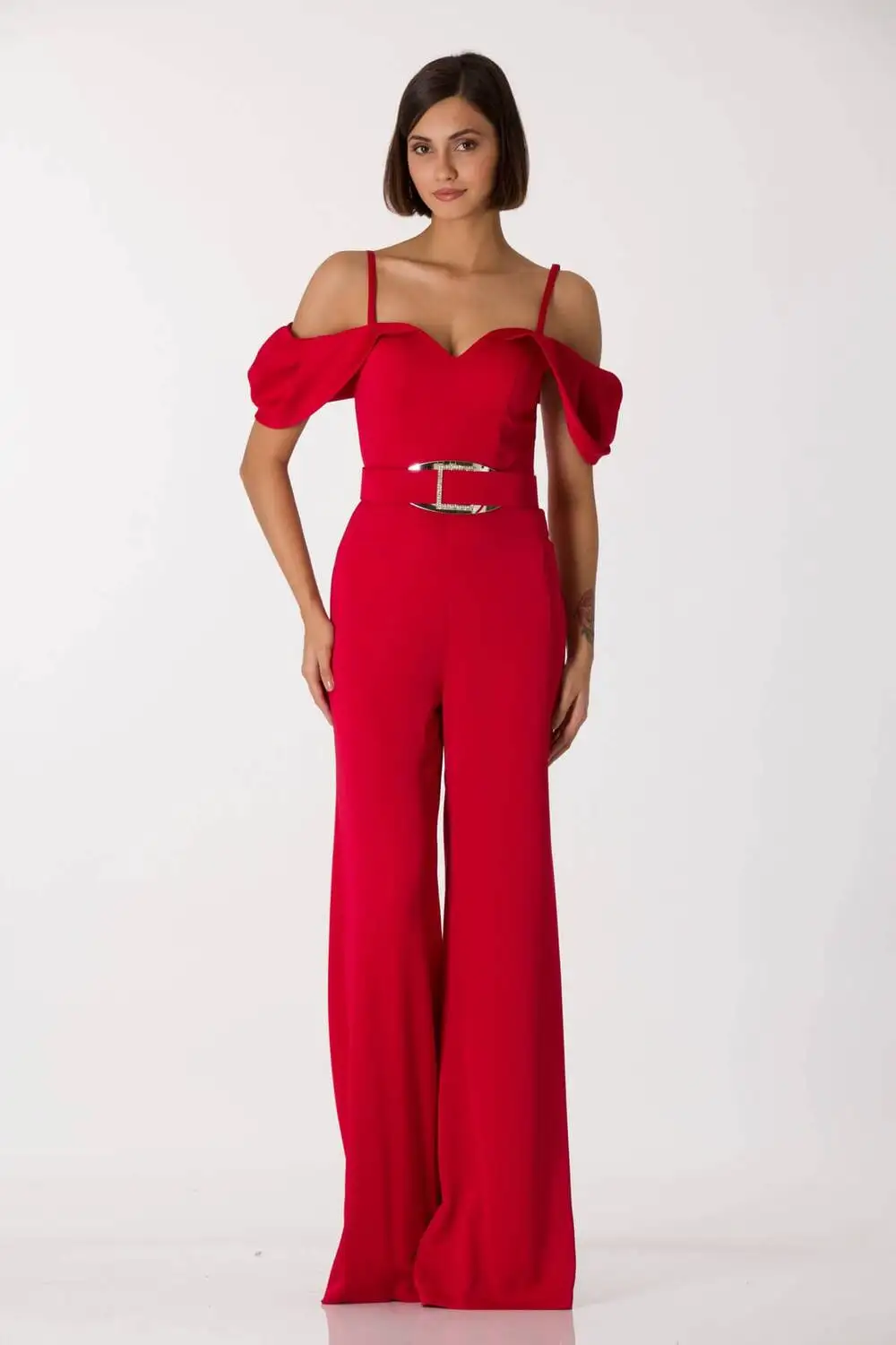

Slim Halter Low Shoulder Red Evening Dress Jumpsuit