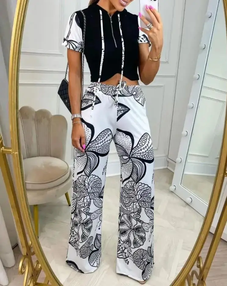 2022 Fall Women's Casual Pants Two-piece Fashion Floral Zipper Front Short-sleeved Top & Drawstring Long Wide-legged Pants Set