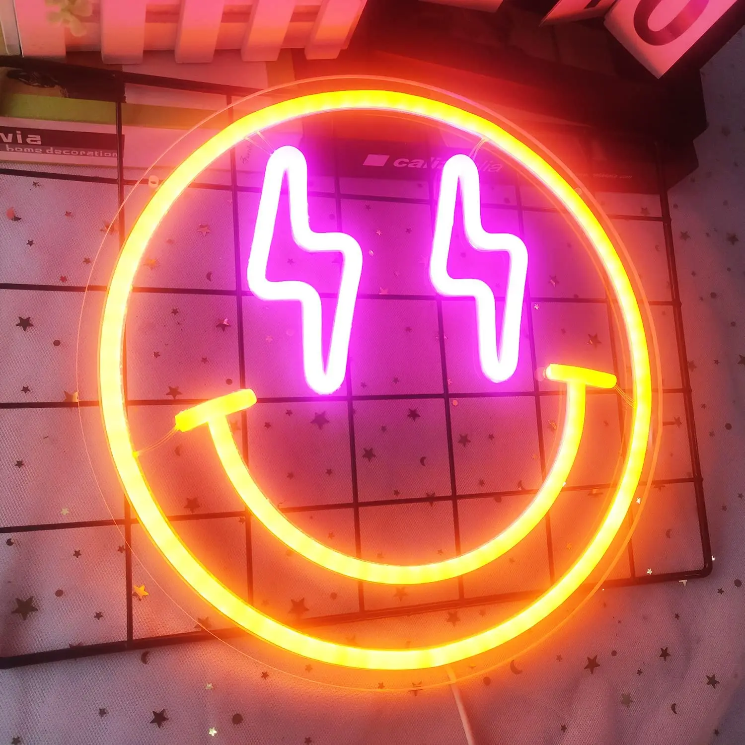 

Smiley Face Neon Sign USB Powered for Wall Decor, LED Neon Light Dimmable for Bedroom Kids Room Party Gift Orange Pink