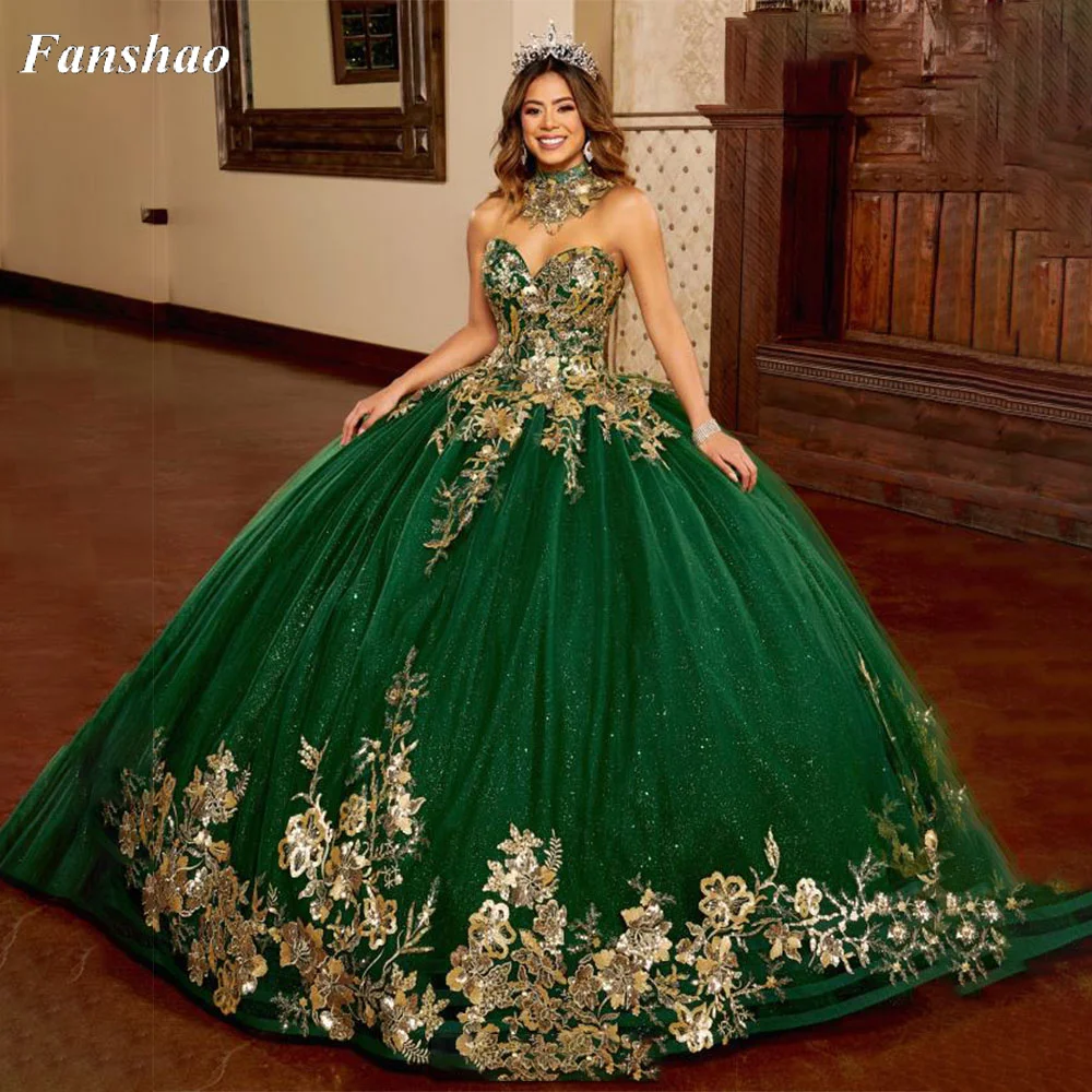 

Fanshao wd959 Sweetheart Quinceanera Dress Sequined Appliques Flowers Bead Sweep Train Sweet 15 Party Dress Gown robes de soiree