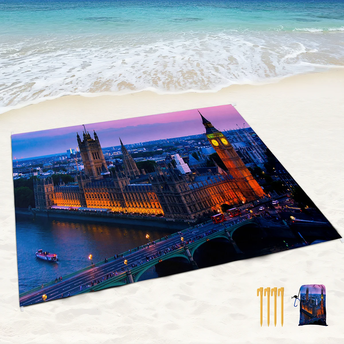 

Beach Blanket Sandproof Waterproof,Beautiful View Of London Beach Blanket,Lightweight and Portable Picnic Blanket with Spikes