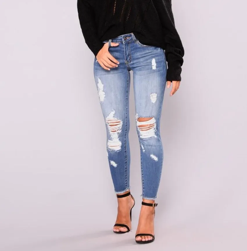 Women High Waist Stretchy Ripped Hole Jeans Fashion Simple Butt Lifting Skinny  Pure Colour Denim Trousers Pencil Pants