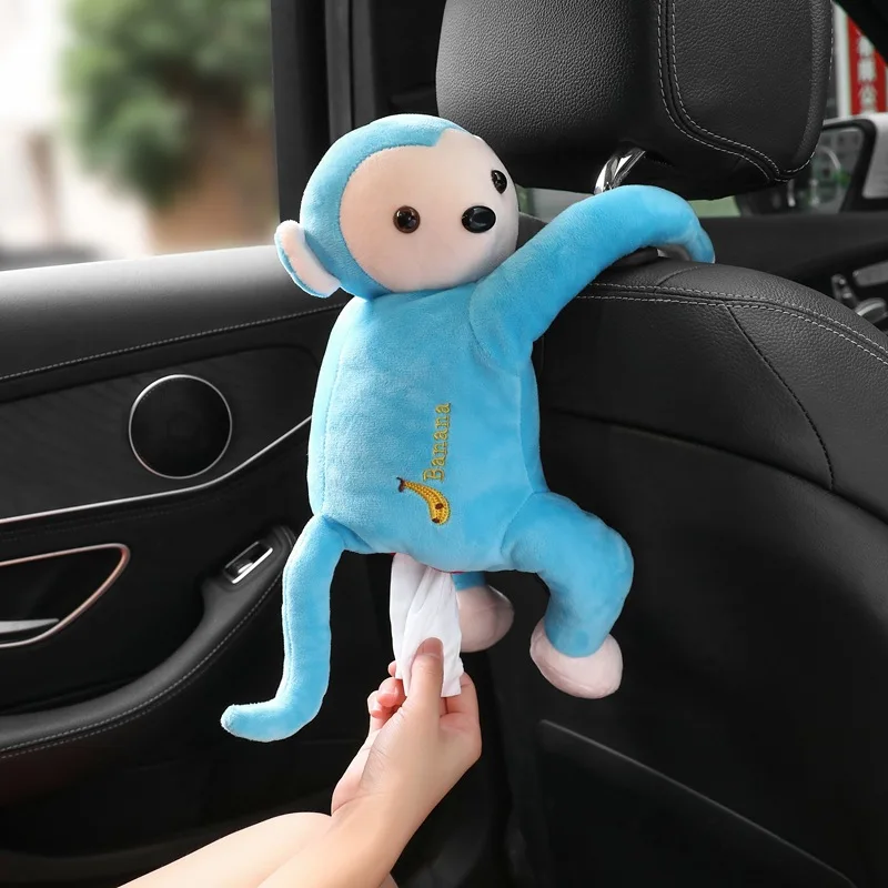 

1 Pcs Car Universal Red/Blue Plush Monkey Tissue Box Seat Hanging Armrest Paper Holder Napkin Case Creative Cartoon Animal Style
