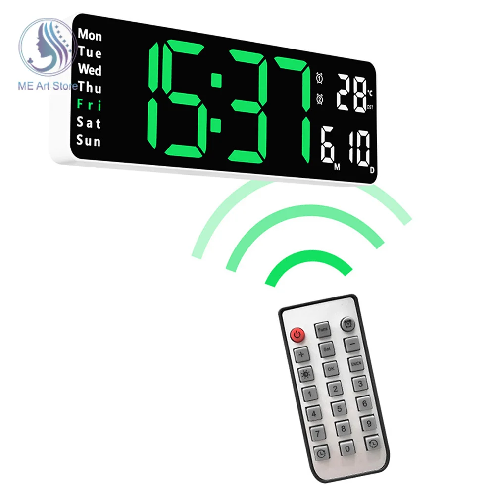 13 Inch LED Digital Wall Clock Remote Control Temp Date Week Display Memory Table Wall-mounted Dual Electronic Alarms Clocks