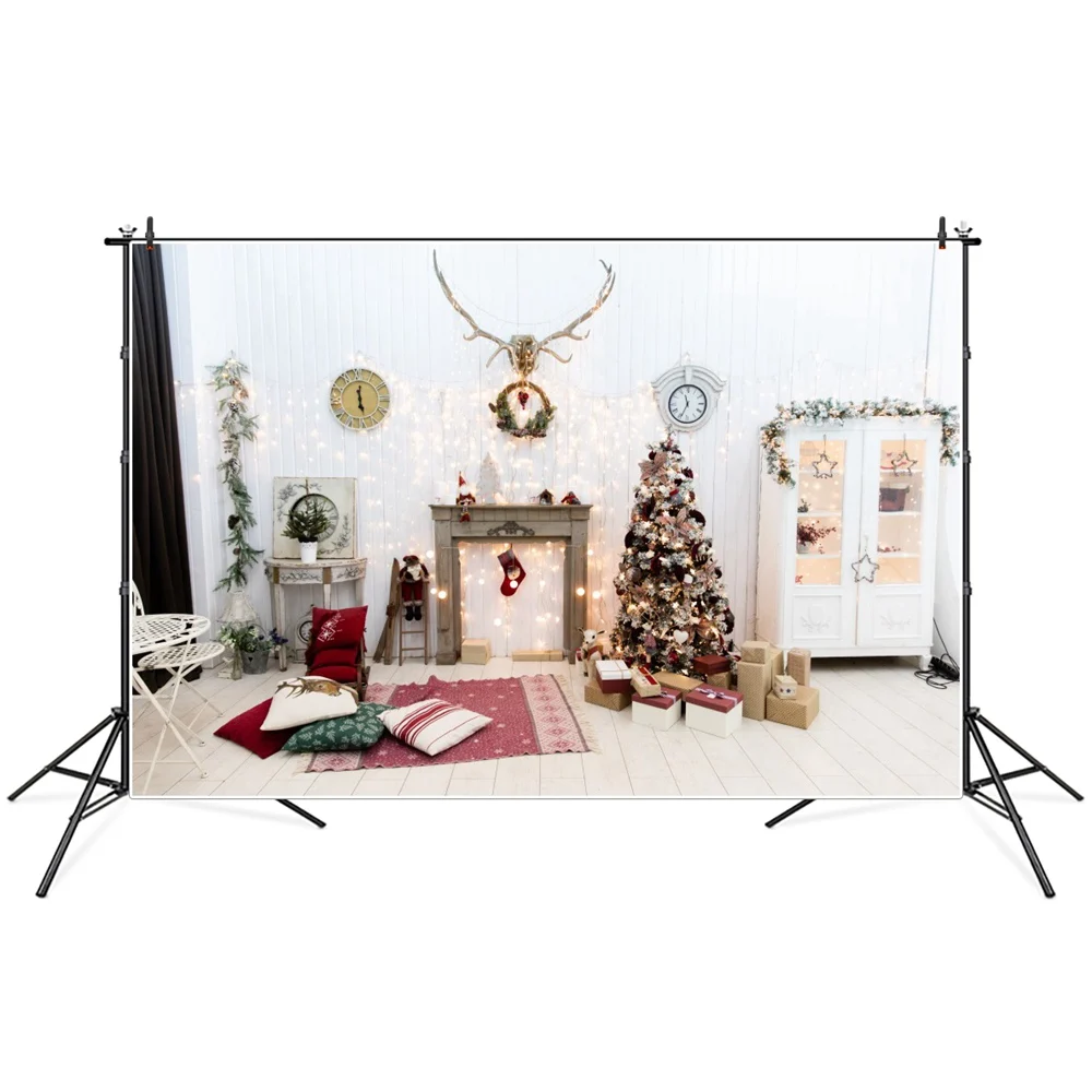 

Christmas Tree Fireplace Room Photography Backdrops Custom Clock Lights Wall Deer Decoration Baby Party Photo Booth Backgrounds