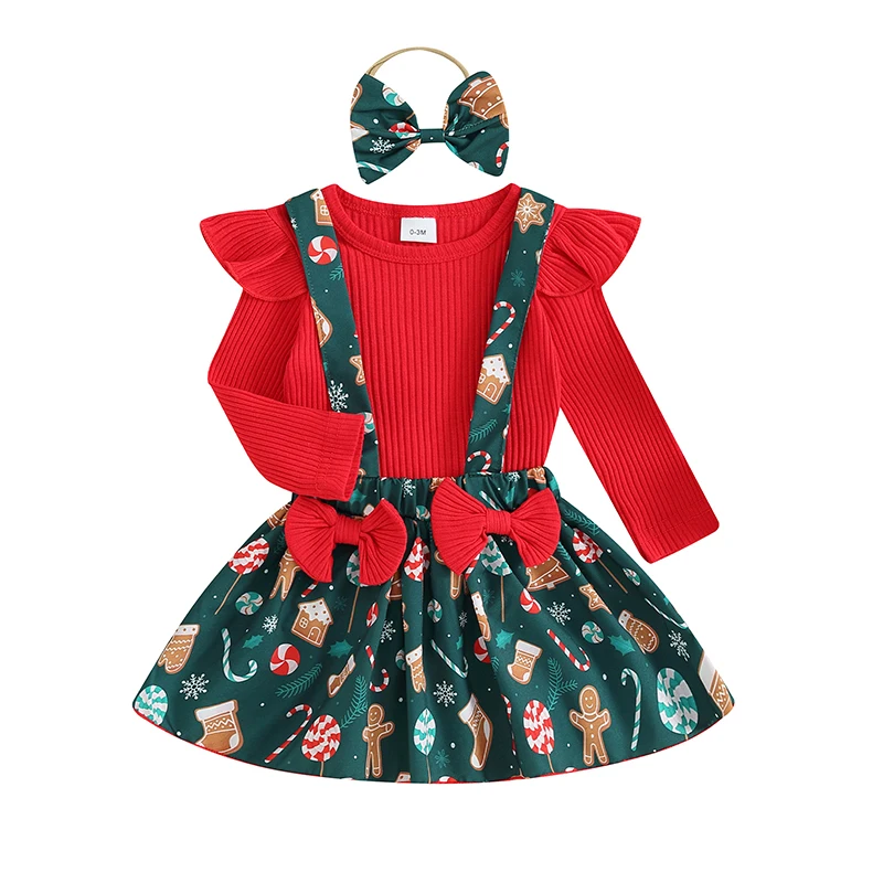 

Toddler Girls Outfit Clothes Christmas Long Sleeves Romper and Print Suspender Skirt Headband Baby Cute Clothing