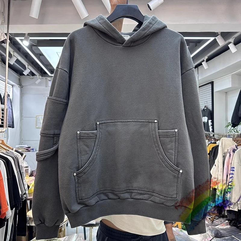 

Толстовка KANYE Мужская/женская с большим карманом, винтажная потертая ткань с капюшоном