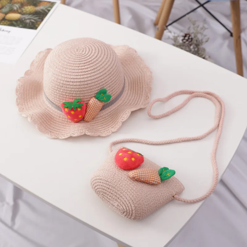 

2pcs Set Kids Baby Outdoor Cartoon Hat and Shoulder Bags Summer Child Girl Holiday Casual Beach Strawberry Straw Hat Sun Cap