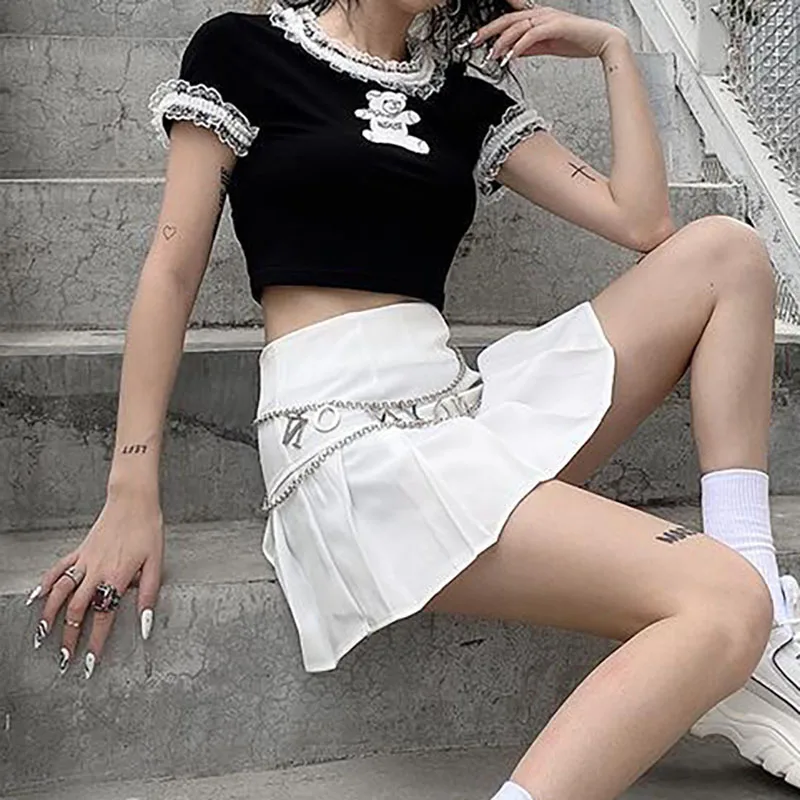 Goth T Shirts Fashion Kpop Bear Print Graphic T Shirts Summer E Girl Sexy Lace Crop Top MINGLIUSILI Gothic Women Clothing