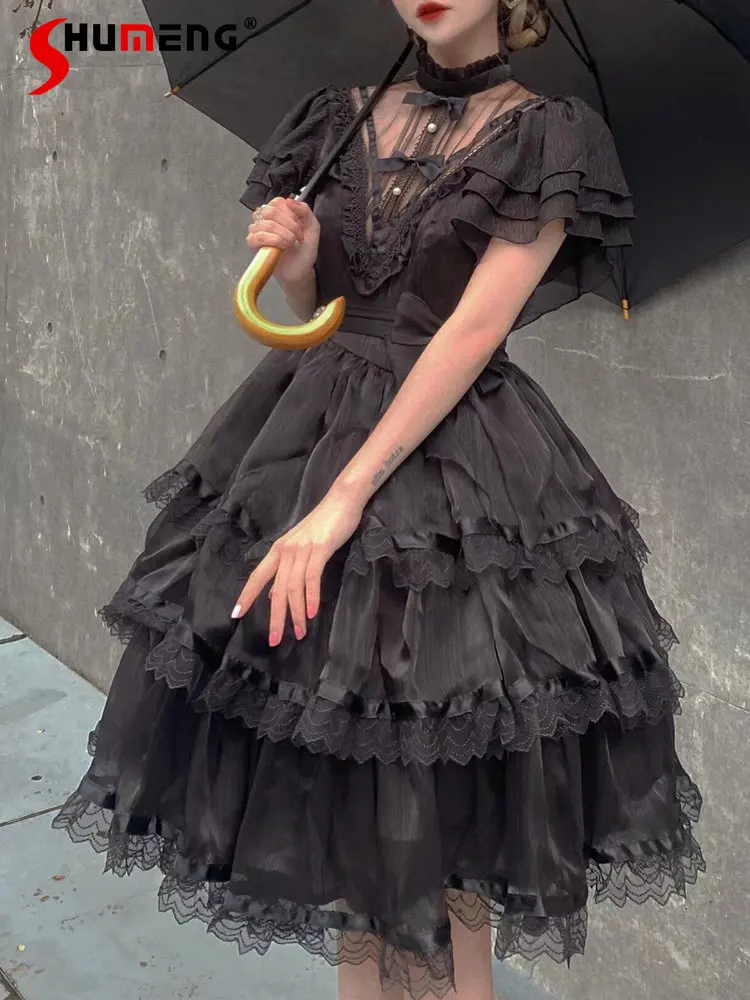 

Original Lolita Bow Ruffled Hollow Summer Dress 2023 New Goth Style Girl's Flower Wedding Daily Short Sleeve Op Tulle Tutu Dress