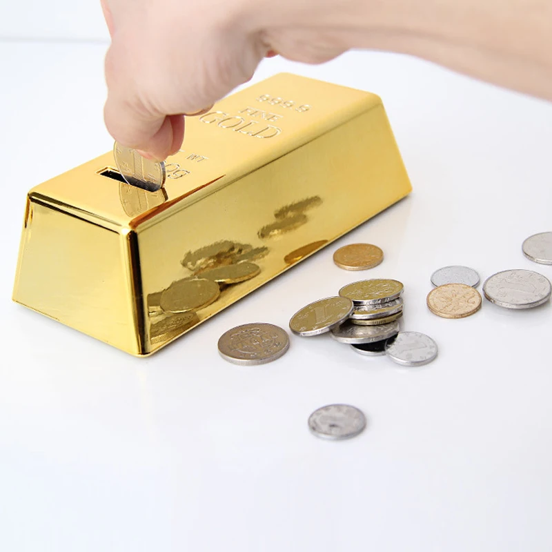 

Hot Sale 1pc Creative ABS Plastic Piggy Bank Gold Bullion Brick Coin Case Saving Money Box for Kids Children Birthday Gifts Toys