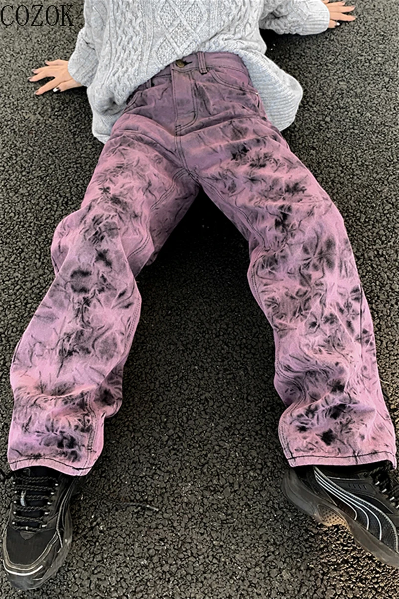 Plus Size Purple Tie-Dyed Jeans Women's Spring and Autumn Sweet Baggy Straight Trousers Autumn Lazy Jeans  High Waisted Jeans