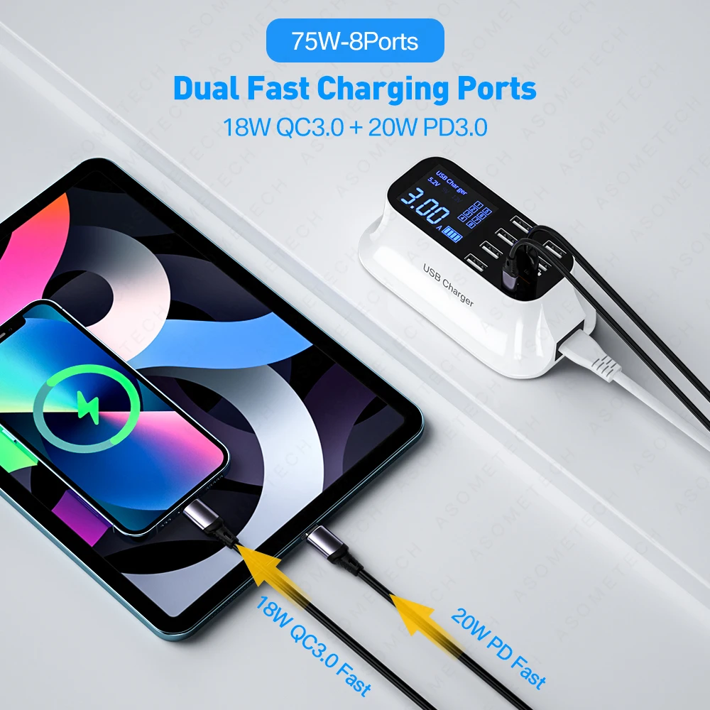 

8-Port LED Display USB Charger Quick Charge PD USBC Charger For iPhone 13 12 Phone Tablet Fast Charger For Xiaomi Huawei Samsung