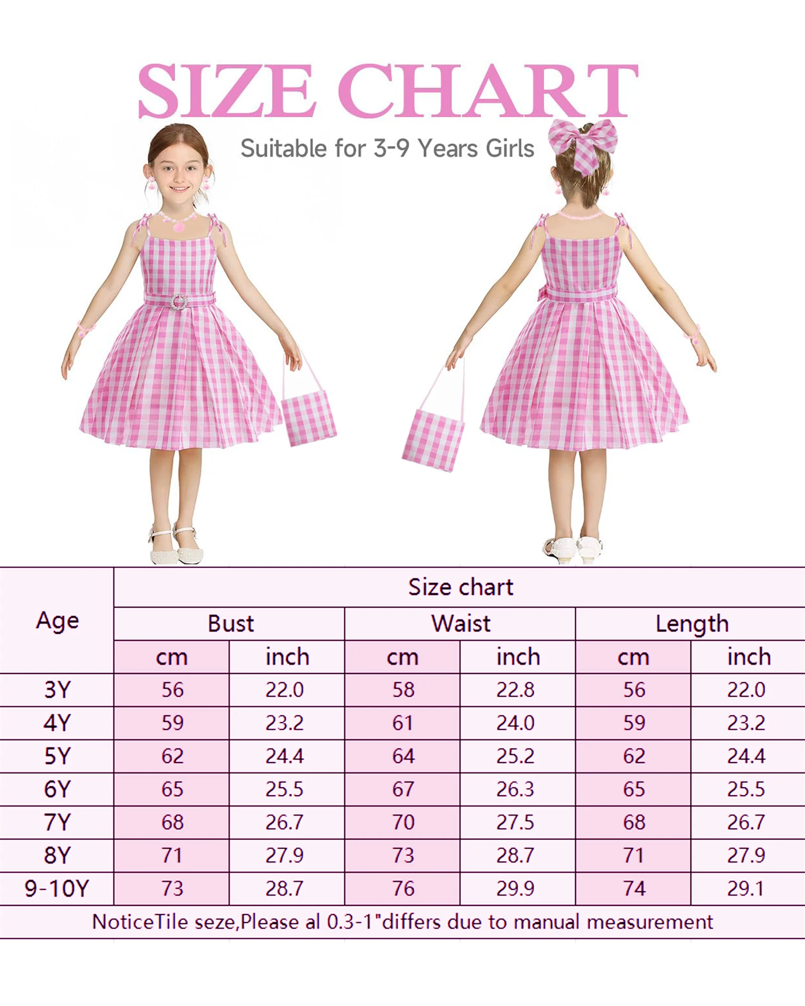 Платье в клетку для девочек с розой и аксессуарами включает себя головные уборы