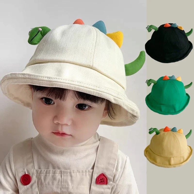 

Korean Cute Cartoon Dinosaur Baby Bucket Fisherman Hats Spring Autumn Children Outdoor Sun Protector Caps for Kids Boys Girls