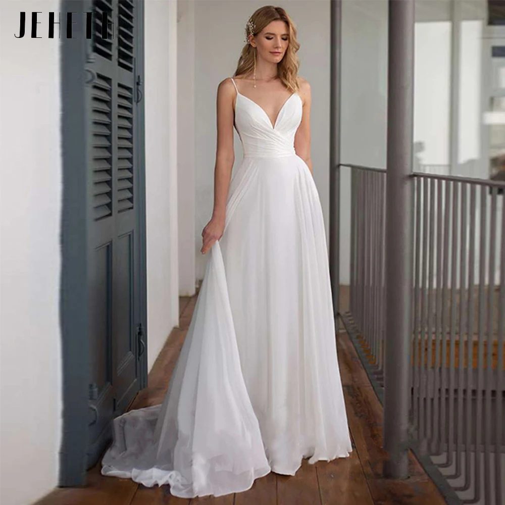 

Beach Chiffon Wedding Dresses 2022 Simple Spaghetti Strap V Neck Ruched Bodice A Line Bohemian Bridal Gowns Vestido De Noiva