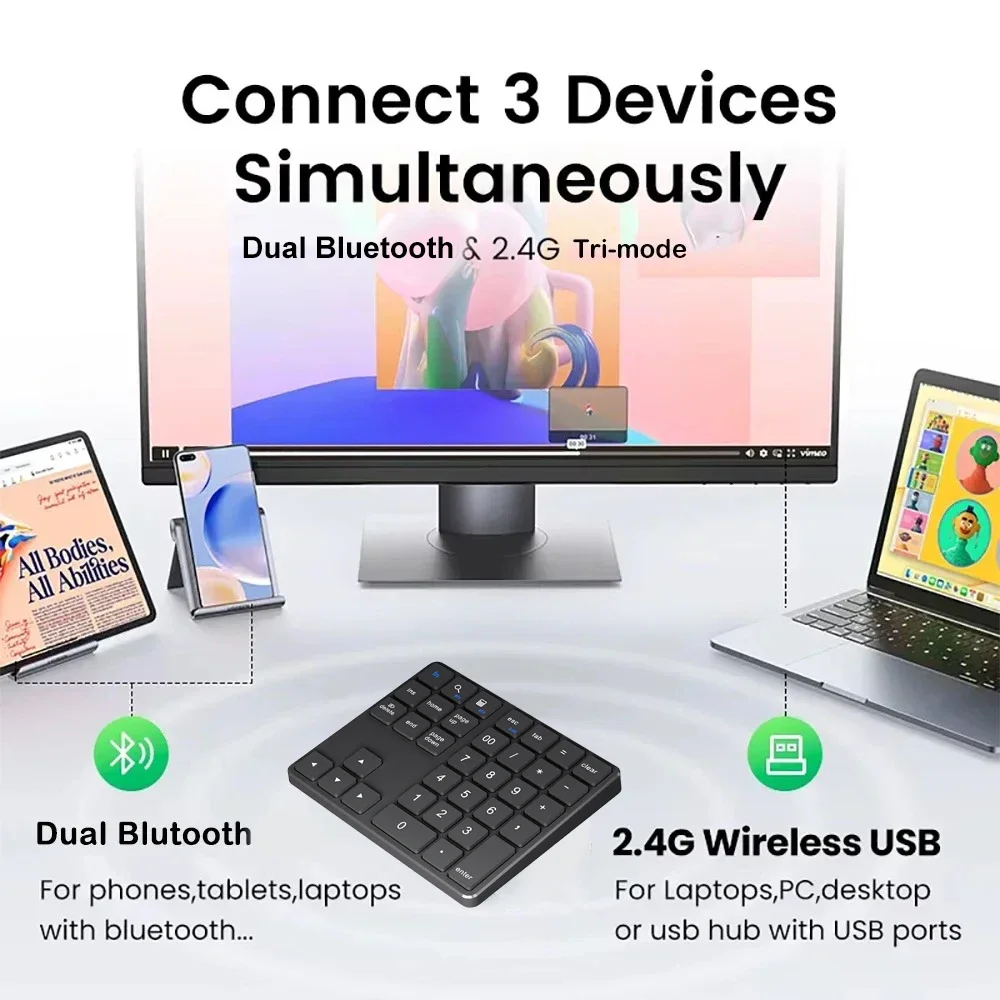 Фото Цифровая клавиатура KEBIDUMEI, 2,4G, двухрежимная беспроводная клавиатура, Bluetooth-клавиатура, цифровая клавиатура, аккумулятор 300 мАч, перезаряжаемая цифровая клавиатура №2