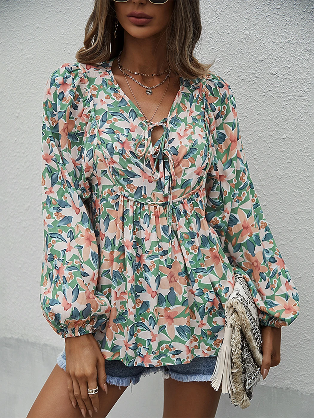 

Jastie Boho элегантная летняя рубашка с принтом, женские свободные блузки с рукавом-фонариком и v-образным вырезом, 2022 весенние повседневные женс...