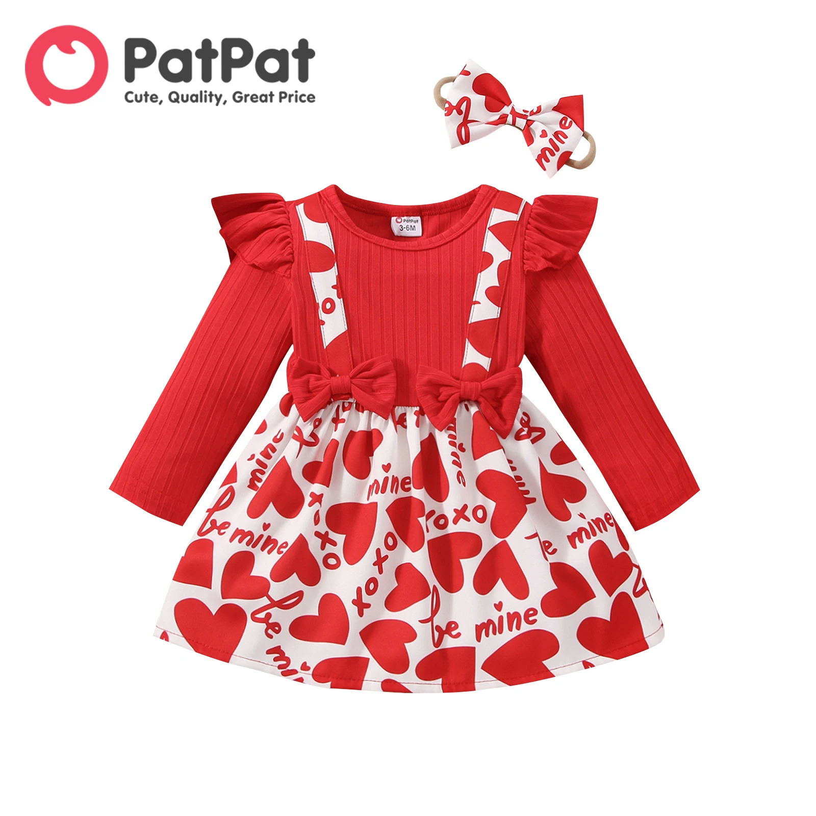 

PatPat Valentine's Day 2pcs Baby Girl Red Ribbed Ruffle Long-sleeve Spliced Heart & Letter Print Dress with Headband Set
