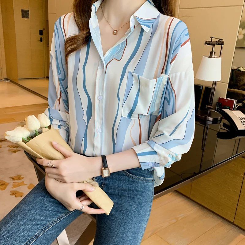 

Chiffon Women's Blouse Polo Print Shirt Spring Autumn Loose Long Sleeve Top Casual Fashion Button Clothing