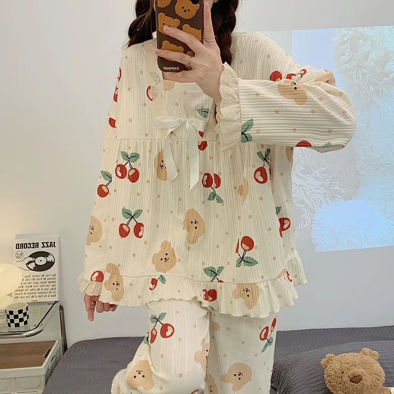 Yasuk Spring Autuum Fashion Women's Casual Print Pocket Sleepwear Homewear Cute Lovely Pajamas With Pants Soft Lace Cherry