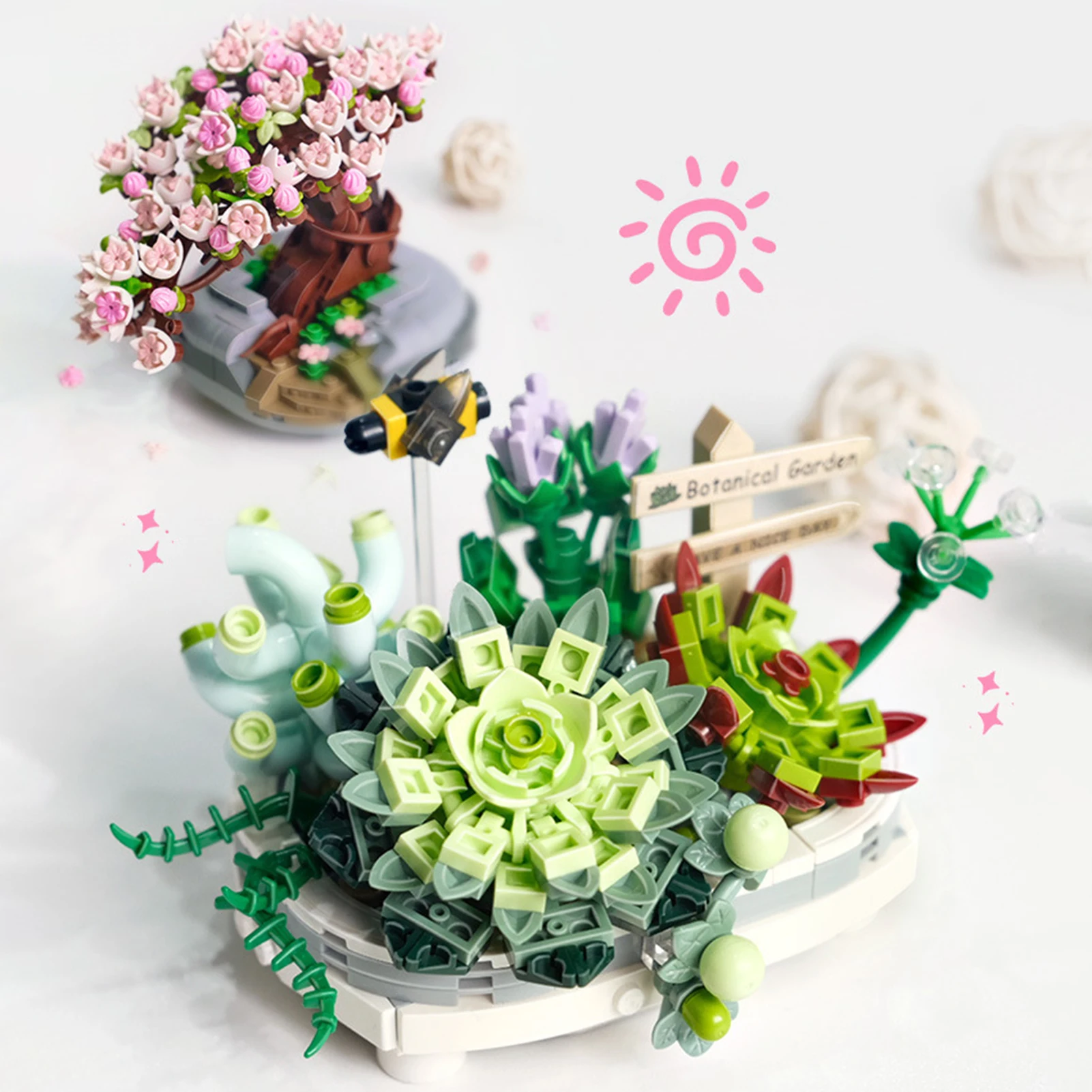

Bouquet Building Blocks Pink Cherry Blossom Plant Model DIY Succulent Potted Flowers Assembled Bricks Girl Gifts Children's Toys