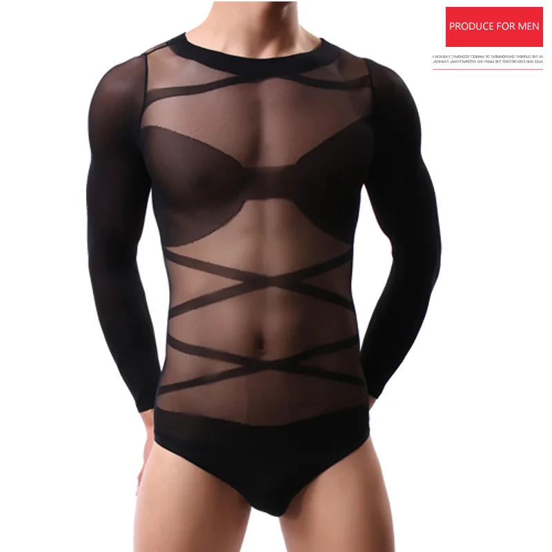 

Men's Sexy Shapewear Nightwear Lingerie G-string Thongs Conjoined Stockings Transparent High Elastic Socks Top Long Sleeve Gay