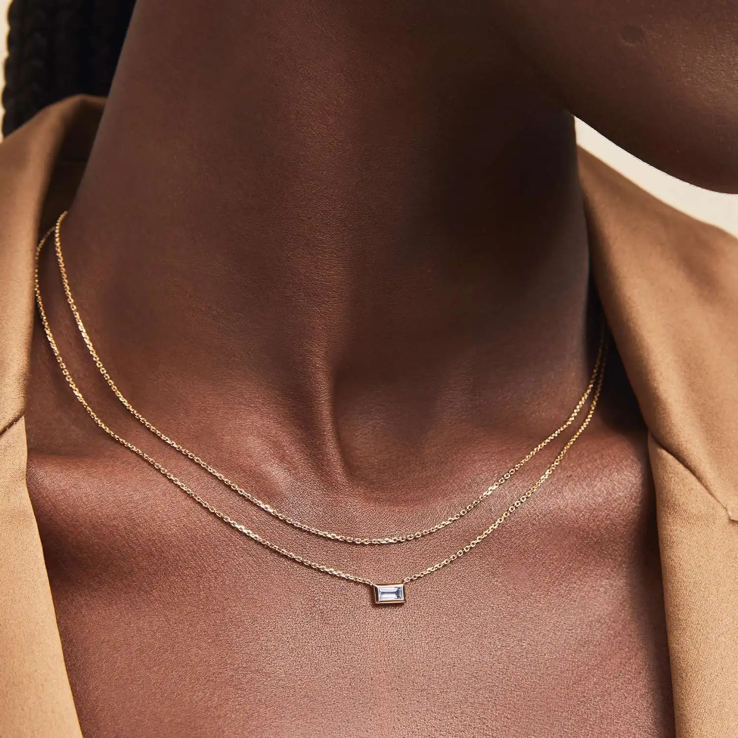 

Simple Stainless Steel Double Layered Necklace White Zircon CZ Pendant Choker 18k Gold Collar Jewelry Female