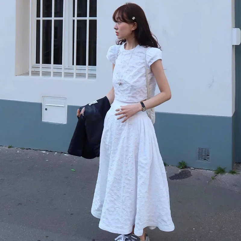 

2023 summer South Korea bubble sleeve short sleeve top skirt set