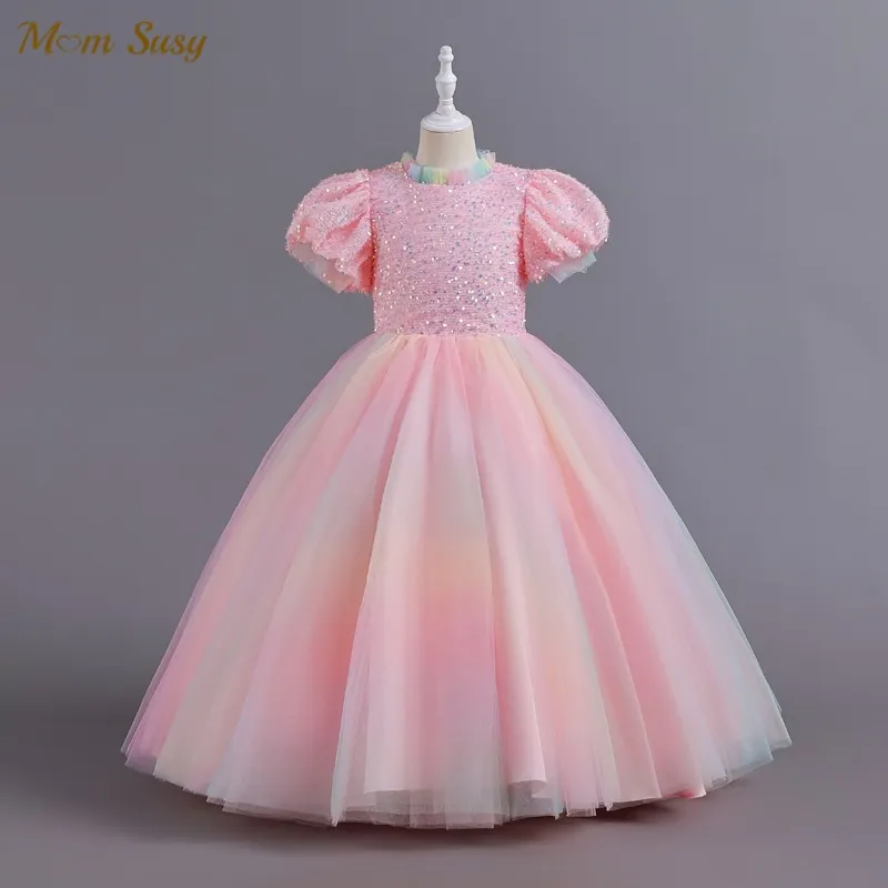 

Baby Girl Princess Sequins Tutu Dress Long Toddler Teen Girl Puff Sleeve Tulle Vestido Party Birthday Pageant Baby Clothes 5-14Y