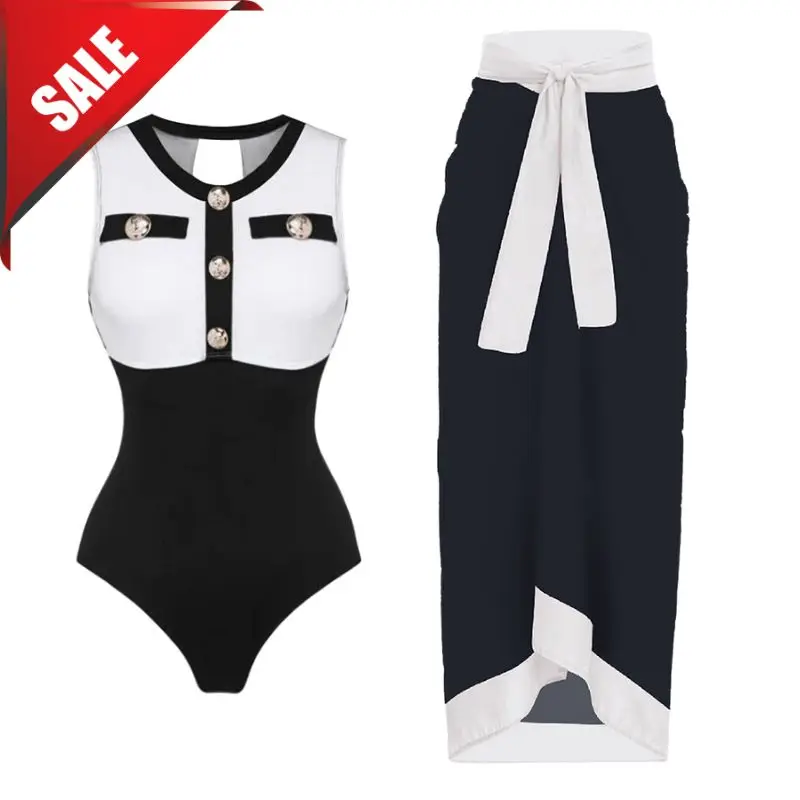2024 черный и белый слитный купальник юбка женский монокини