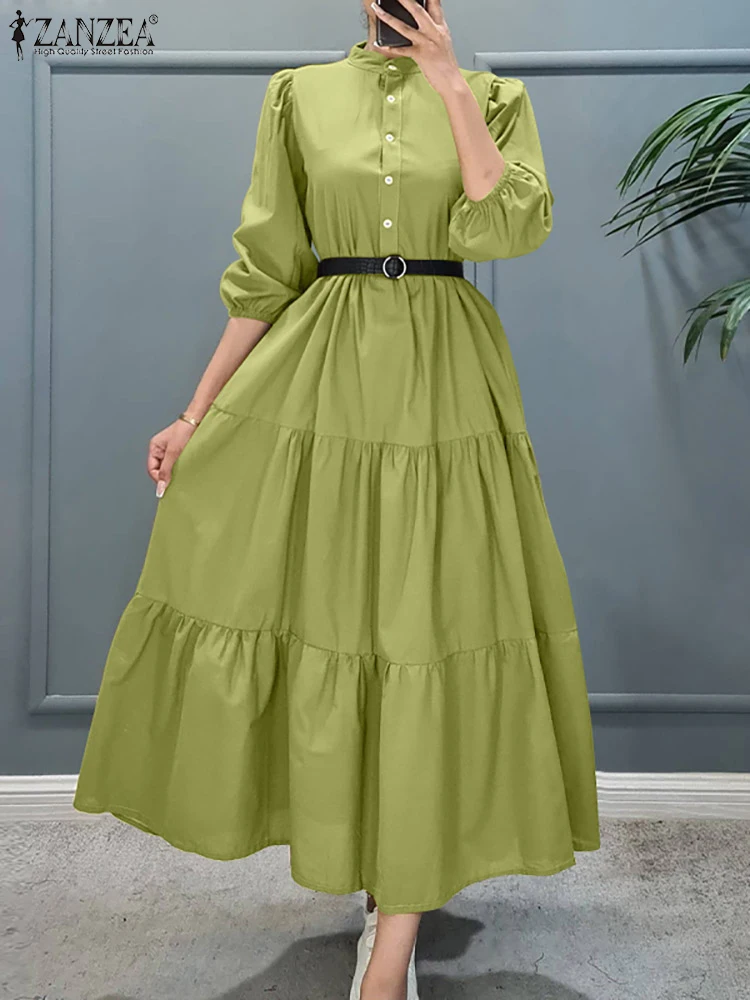 

ZANZEA 2023 Spring Round Neck Maxi Dress Button Up Solid Women Pleated Tiered Long Robes Casual Loose 3/4 Sleeve Fashion Dresses