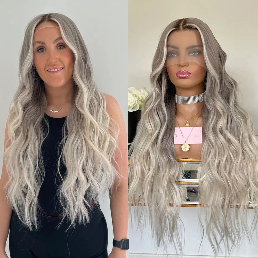 

Grey Ash Blonde Highlight Wig Full Lace Human Hair Wigs Dark Roots Slight Wavy Wig Remy Hair HD Glueless 13x6 Lace Front Wig