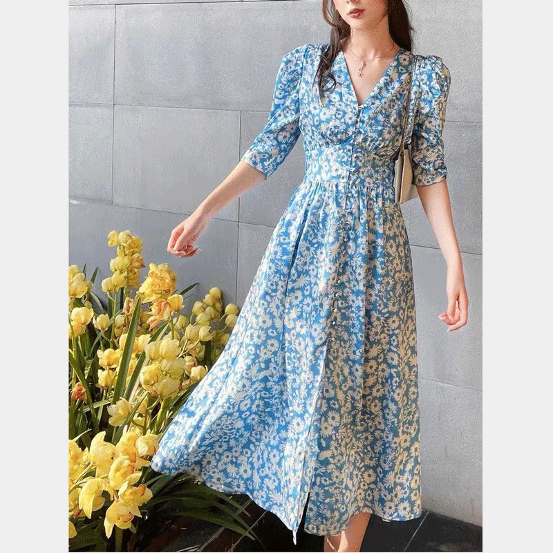 

Refreshing Blue and White Daisy Floral Print Dress Women Puff Sleeve V-neck Mid-length Dress