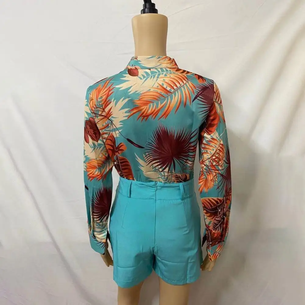 

1 Set Stylish Office Ladies Shirt Shorts Slim Spring Summer Women Outfit Printed Shirt Solid Color Shorts