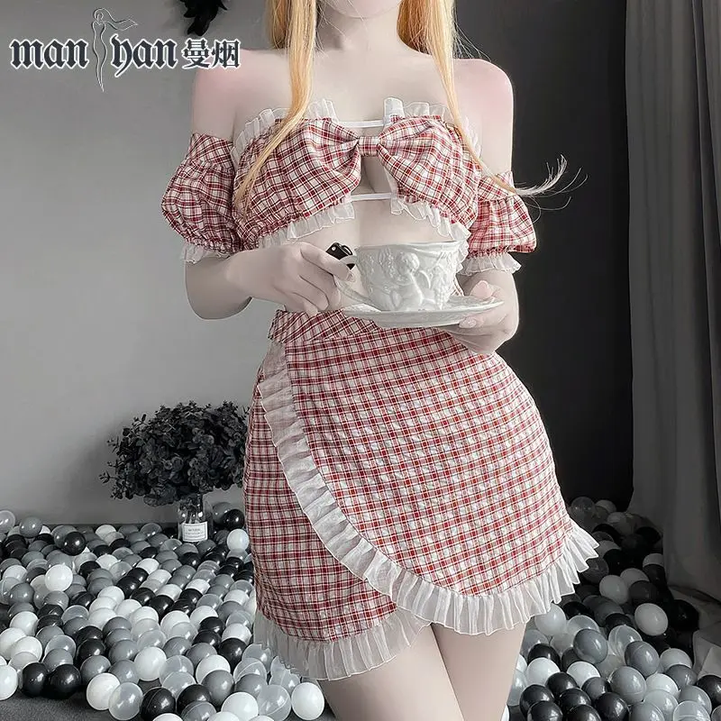 

Japanese Lattice Original Design Cute Maid Cosplay Costumes Sexy Servant Lolita Coffee Girl Outfits Lace Bra with Mini Skirt
