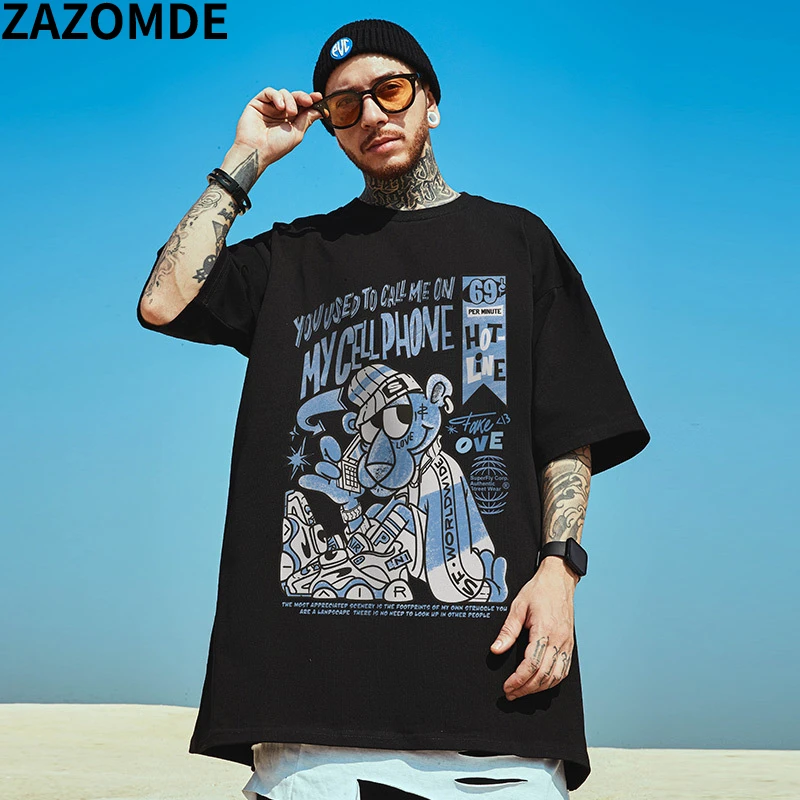 

ZAZOMDE Cotton Cartoon Print Short Sleeve Tshirts Hip Hop Casual Fashion Streetwear T Shirts Tees Hipster Mens Harajuku Tops