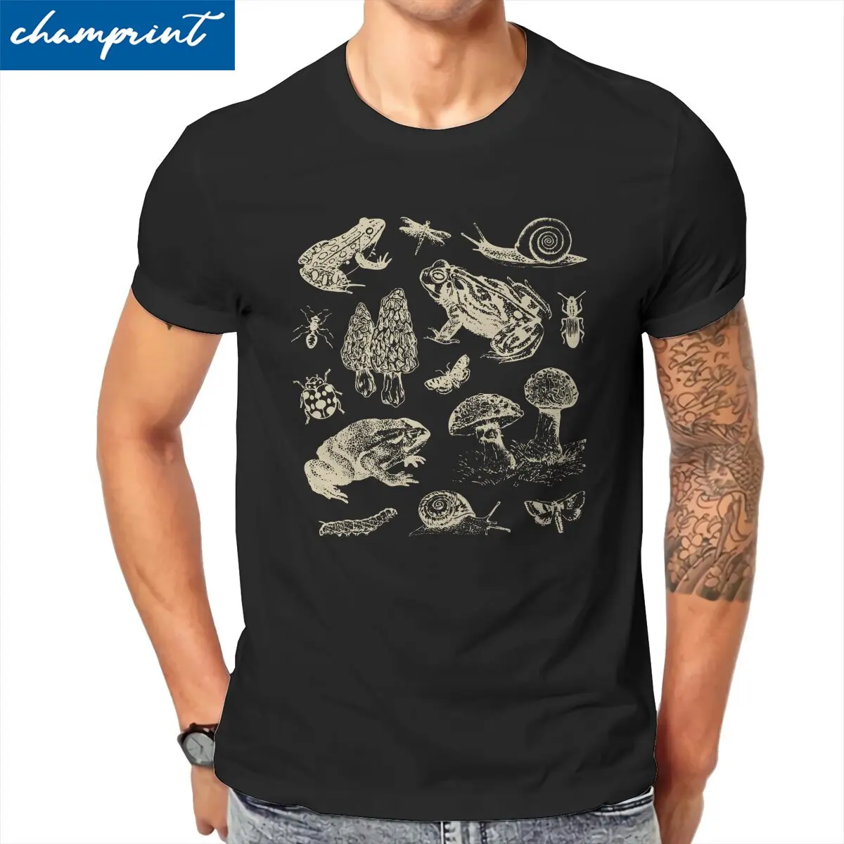 

Men T-Shirt Goblincore Frog Mushroom Snail Moth Insect Unique Tee Shirt Vintage Biology Nature Lover T Shirts Clothing Printed