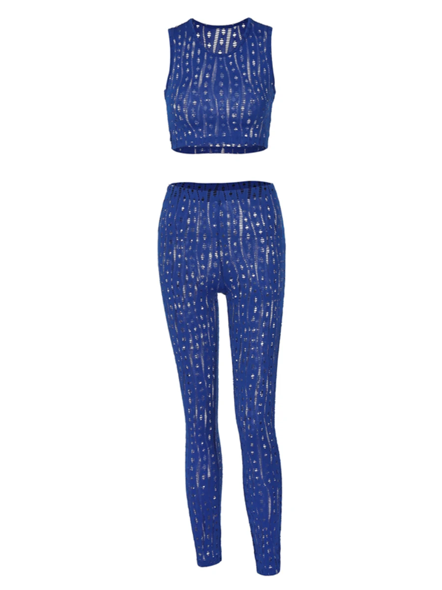 

2 Piece Crochet Outfits for Women Sexy Knit Tassel Bikini Cover Up Halter Vest Cutout Sheer Pants Sets Summer Beachwear