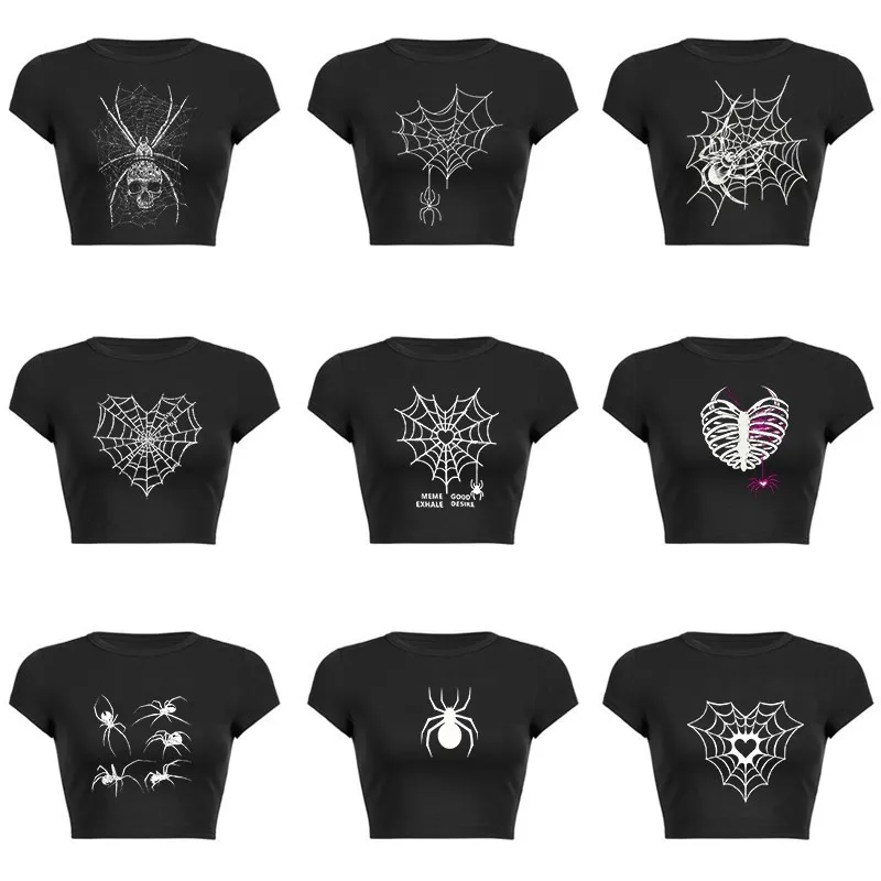 

Spider web collection print top gothic y2k baby tee summer women's cropped top 90s retro hip hop street black o neck top women