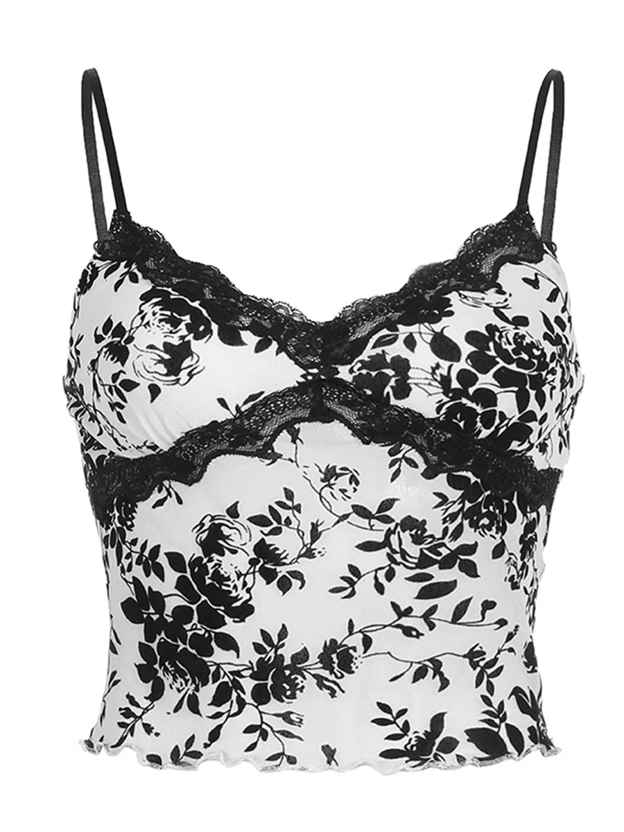 

Women Floral Lace Patchwork Spaghetti Strap Backless Slim Fit Summer Blouse