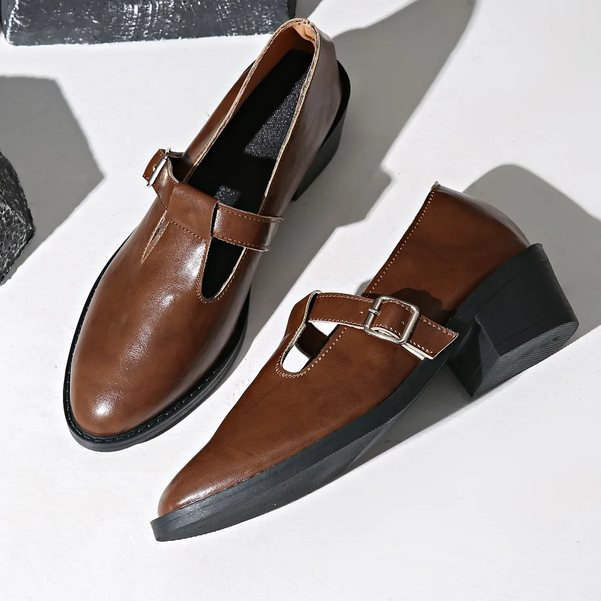 Retro Style Thick Heel Women Mary Jane Shoes Fashion Shallow Pointed Toe Ladies Comfort Office Pumps Footwear Banquet Comfortabl