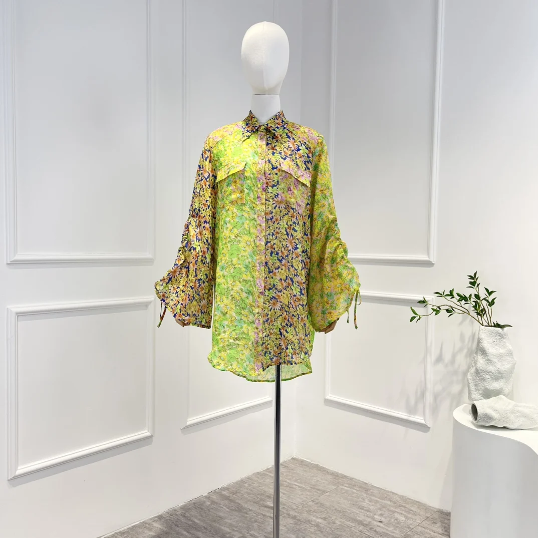 New Arrival 2023 Spring Summer High Quality Yellow Pink Floral Print Blue Green Patchwork Long Blouse Women