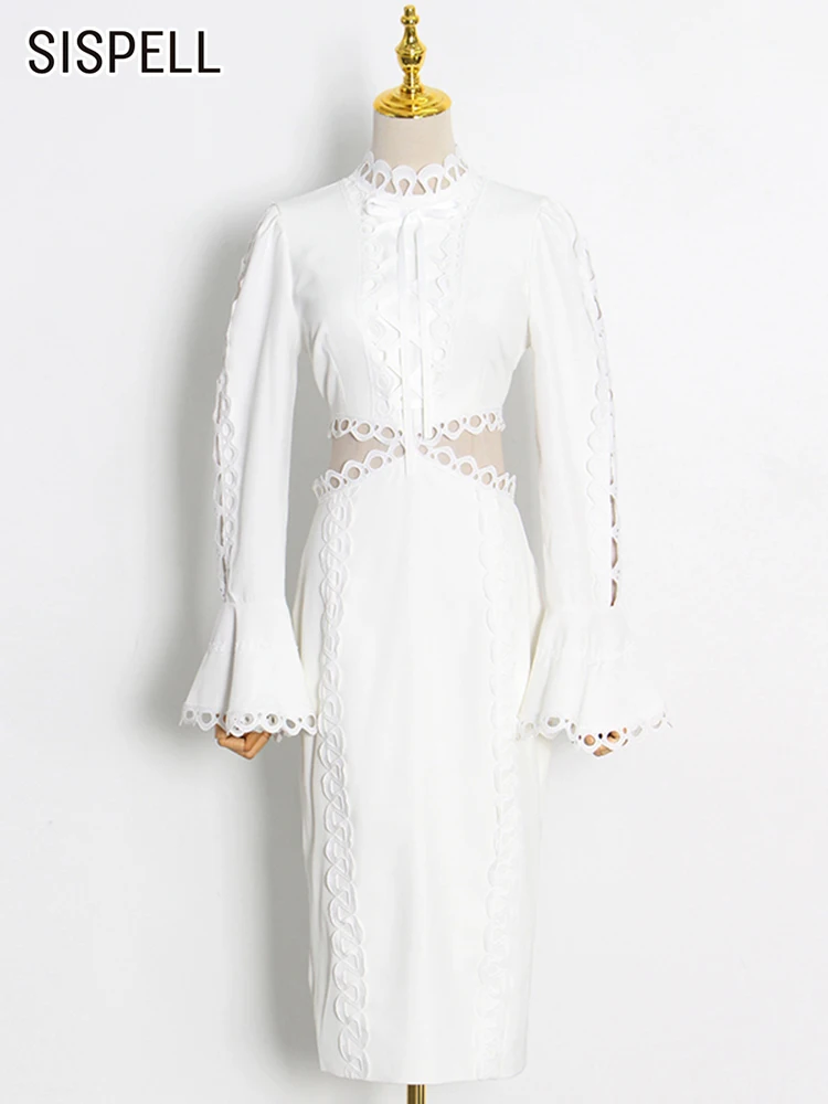 

SISPELL White Casual Dress For Women Stand Collar Long Sleeve Patchwork Lace Slimming Dresses Female 2022 Spring Clothing Style