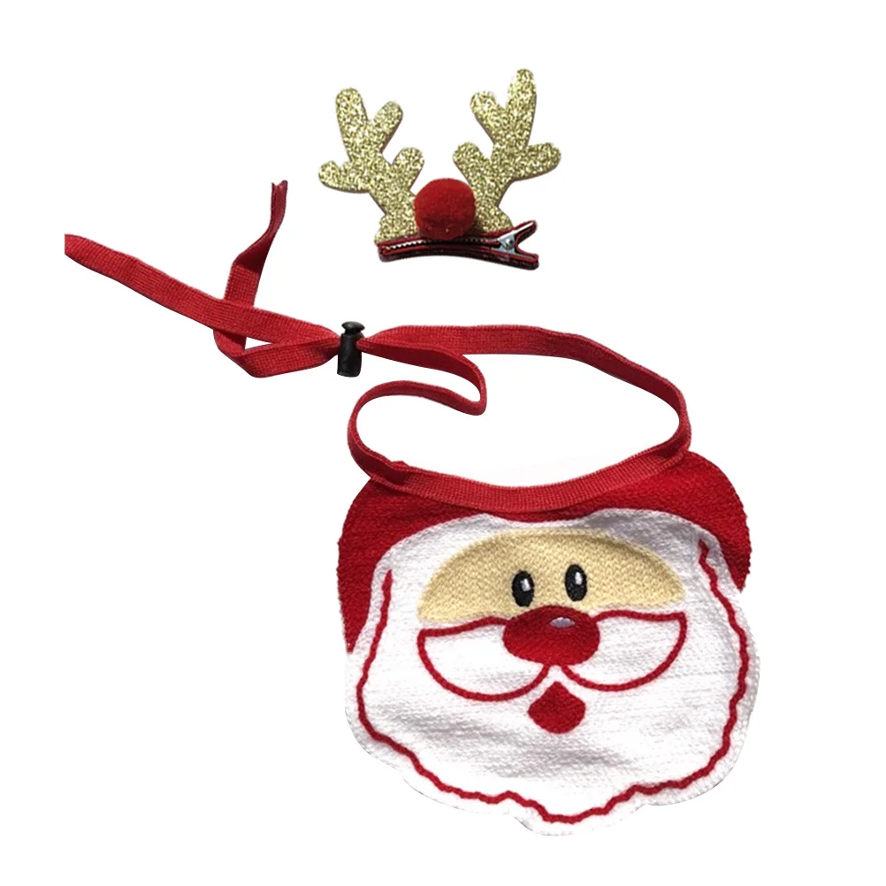 

2pcs Christmas Bib Triangle Scarf Adjustable Bibs Supplies for Dog Cat (Santa Claus+Golden Antler Hairpin)
