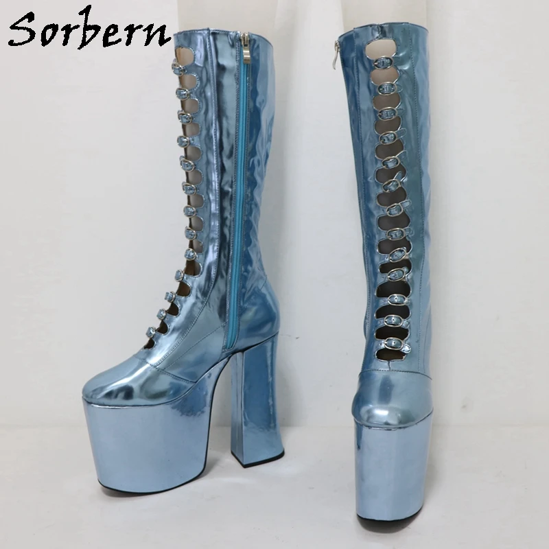 Sorbern Metallic Block Heel Boots Women Knee High Drag Queen Shoes Thick Platform Fetish High Heels Round Toe Hollow Out Front